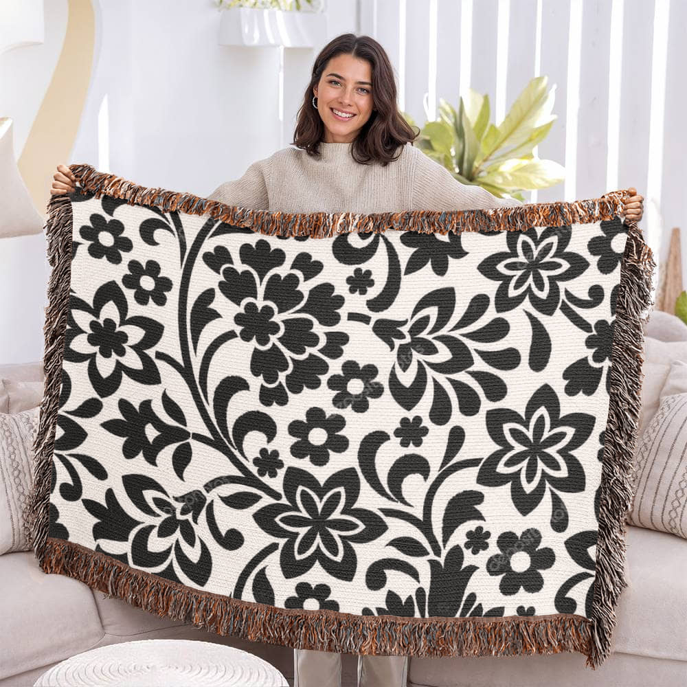 Custom Black Designer Floral Pattern Heirloom Artwork Woven Blanket