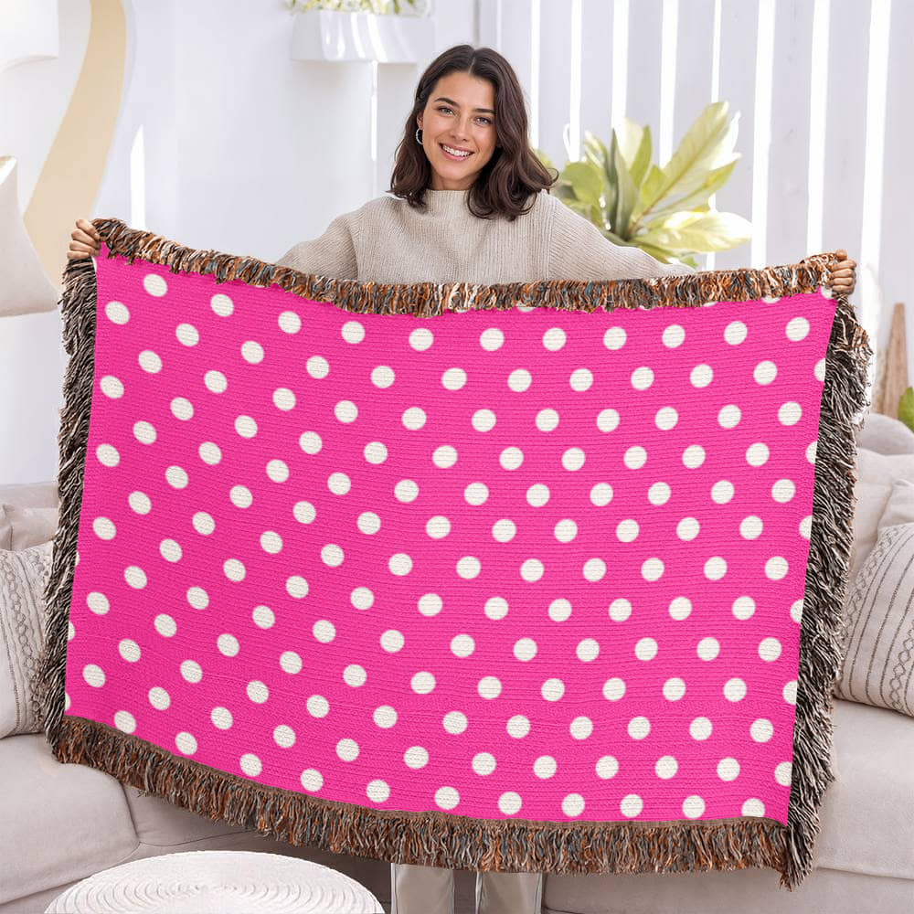 HOT ITEM- CUSTOM DESIGNER WHITE & PINK POLKA DOT LADY BUG HEIRLOOM ARTWORK WOVEN BLANKET