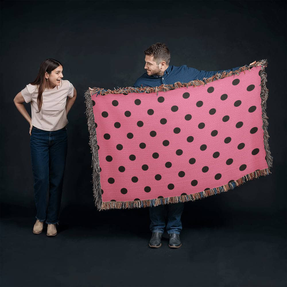 Custom Designer Pink & Black Polka Dot Heirloom Artwork Woven Blanket