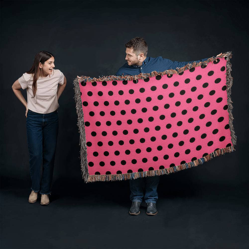 TRENDING -CUSTOM DESIGNER LADY BUG BLACK POLKA DOT PINK HEIRLOOM ARTWORK WOVEN BLANKET