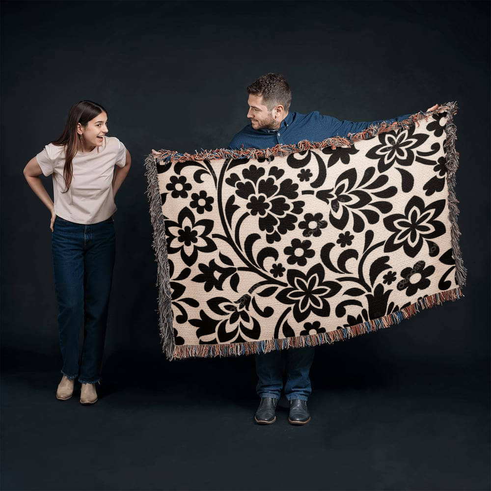 Custom Black Designer Floral Pattern Heirloom Artwork Woven Blanket