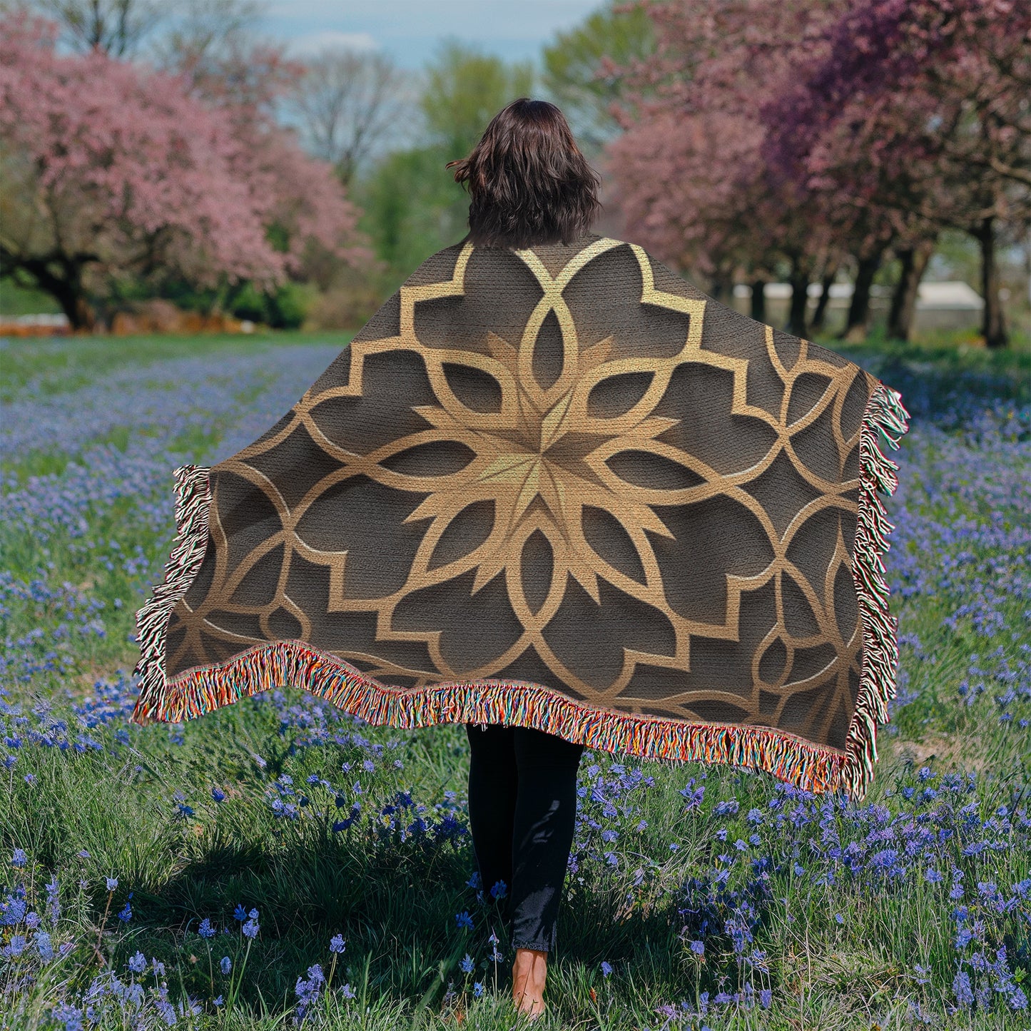Custom Designer Star Flower Inlay Heirloom Artwork Woven Blanket