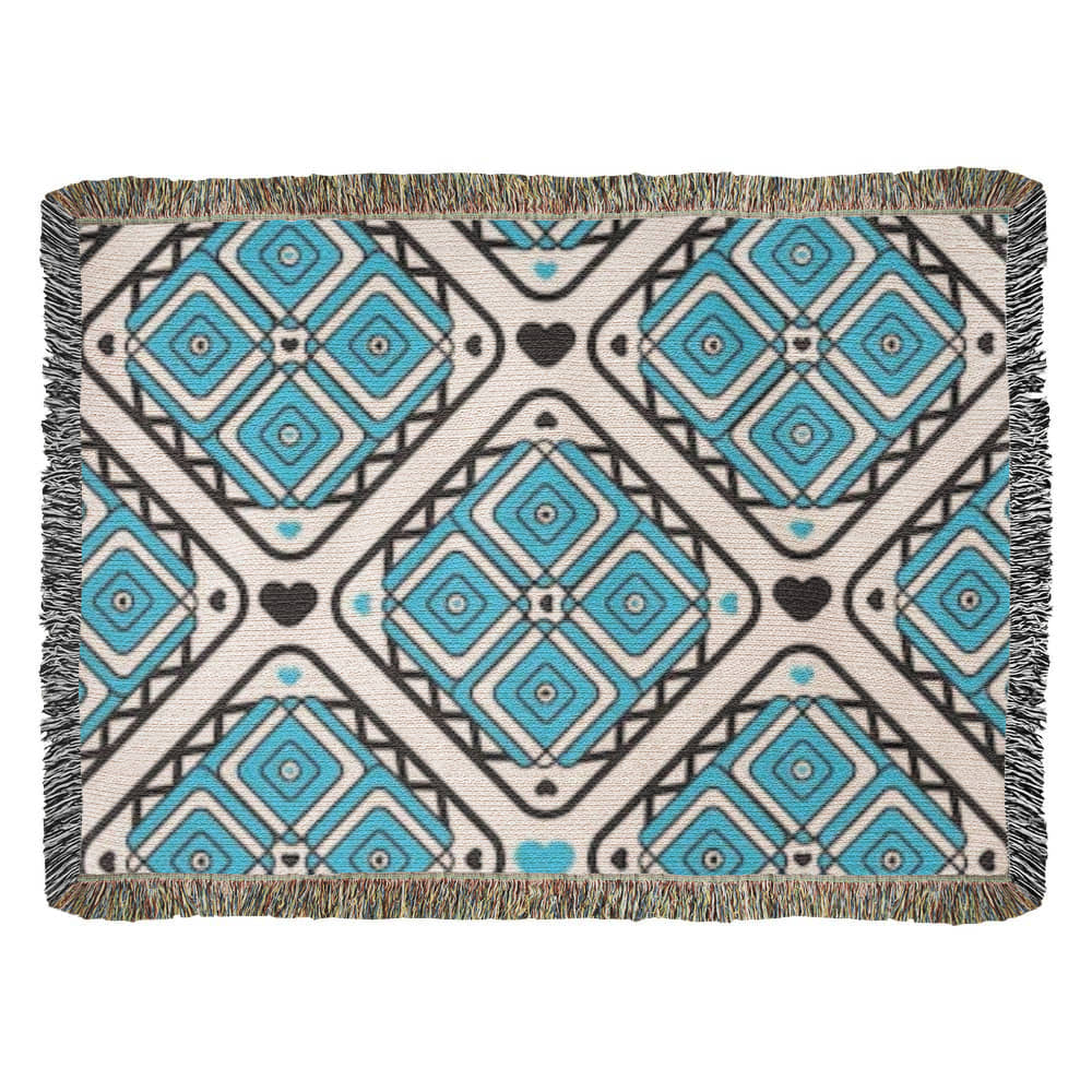 Turquoise Heart Pattern Heirloom Woven Blanket - Custom Designer Blanket