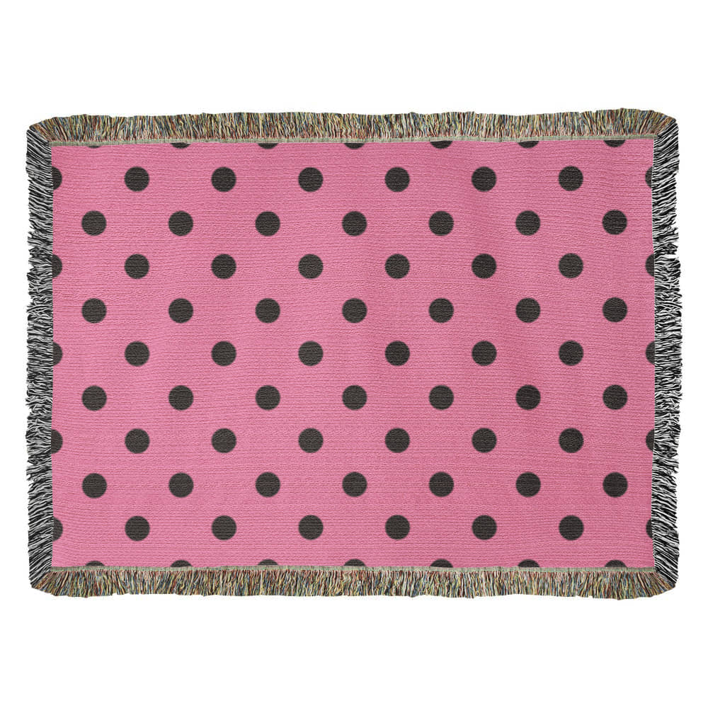 Custom Designer Pink & Black Polka Dot Heirloom Artwork Woven Blanket