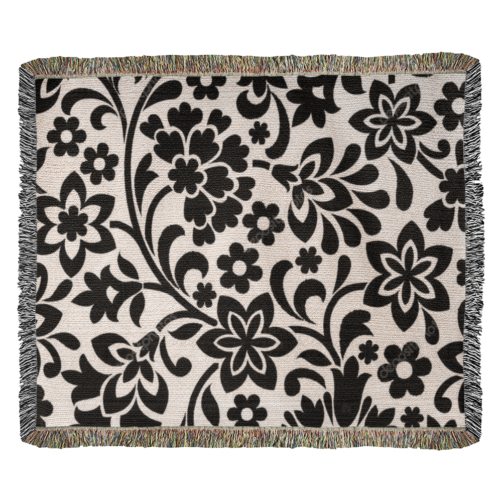 Custom Black Designer Floral Pattern Heirloom Artwork Woven Blanket