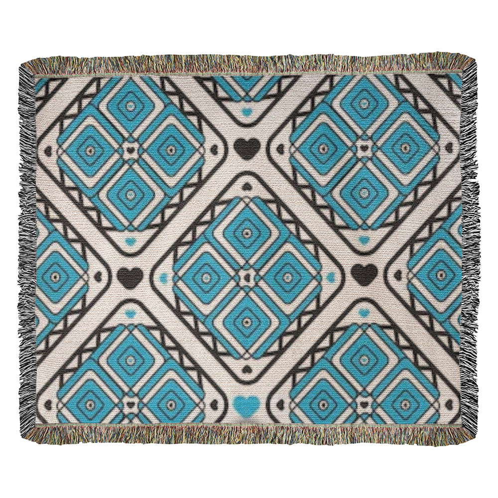 Turquoise Heart Pattern Heirloom Woven Blanket - Custom Designer Blanket