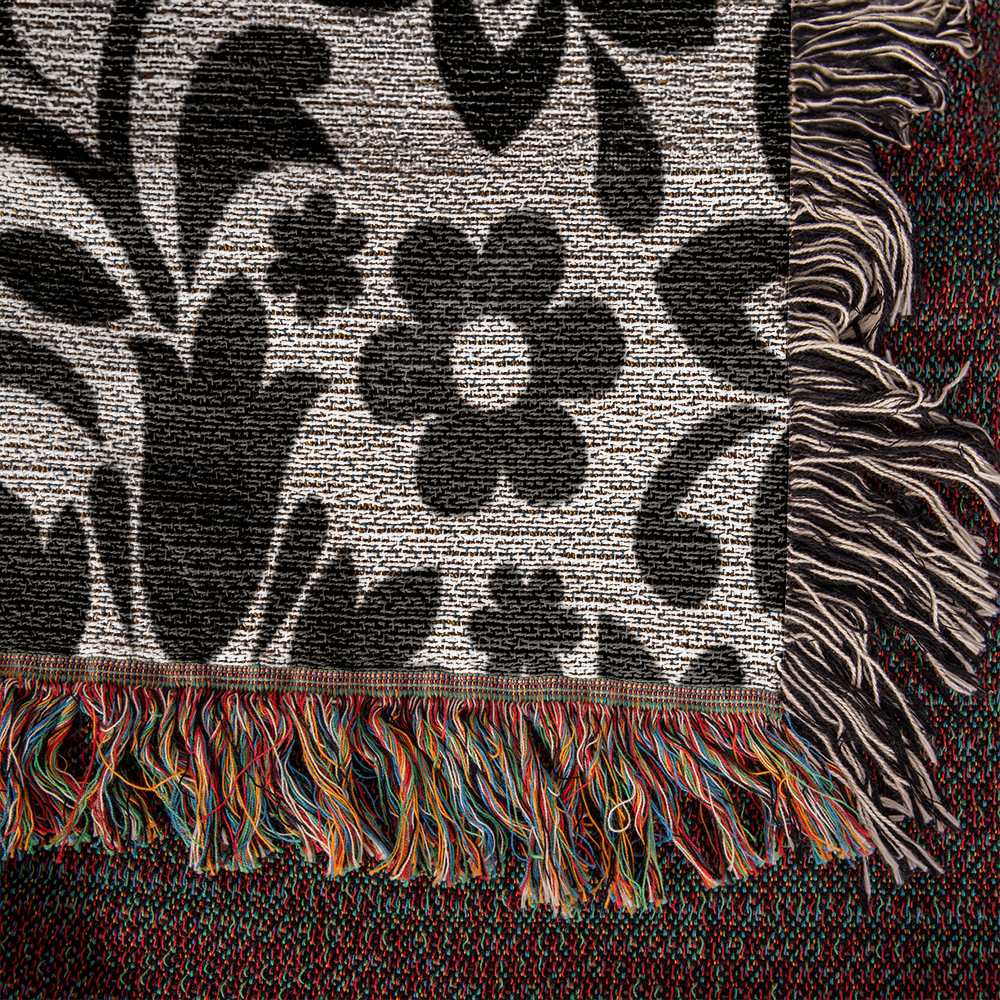 Custom Black Designer Floral Pattern Heirloom Artwork Woven Blanket