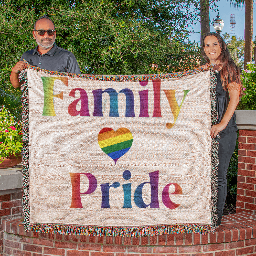 POPULAR DESIGN- Custom Designer Family Pride Rainbow Heart Heirloom Artwork Woven Blanket
