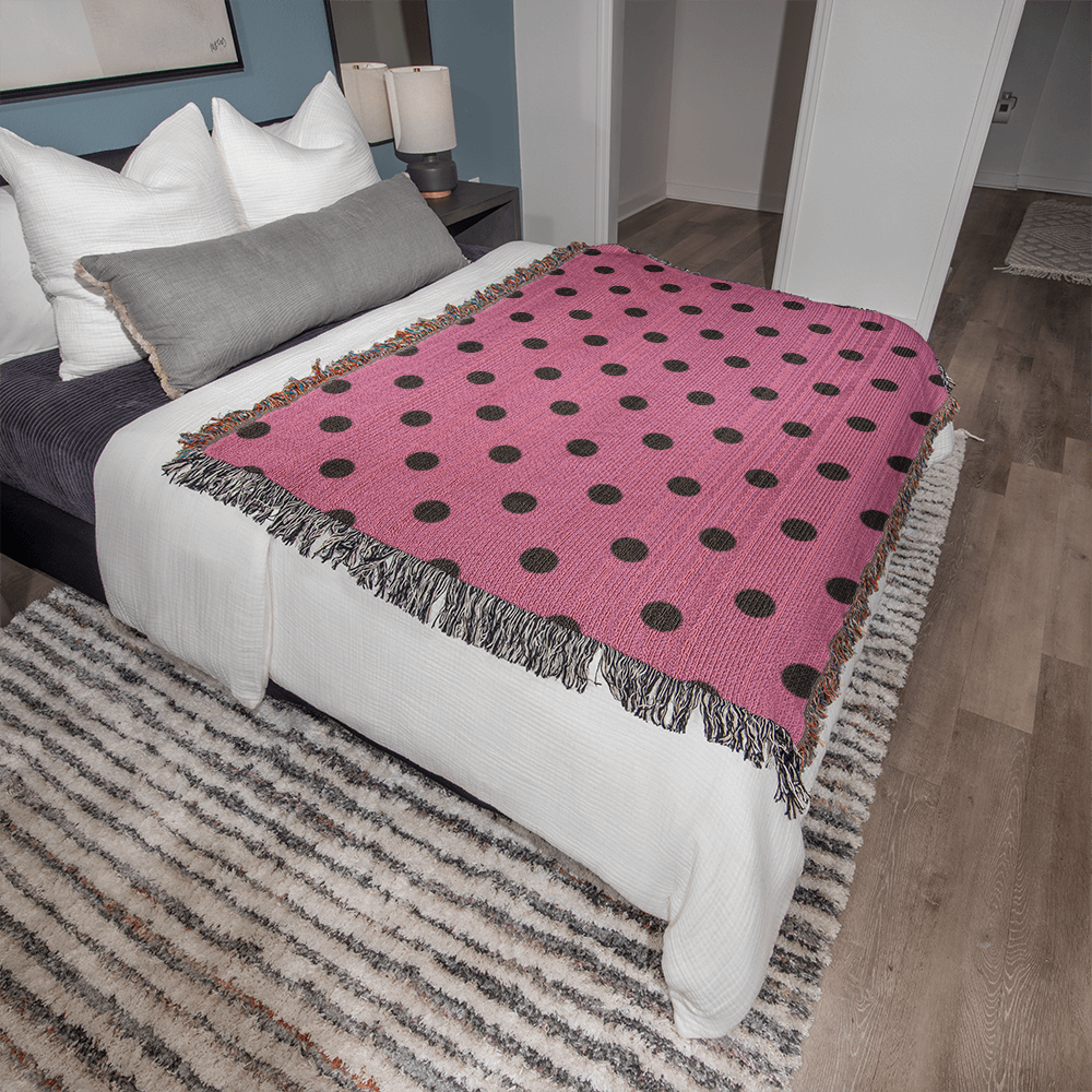 Custom Designer Pink & Black Polka Dot Heirloom Artwork Woven Blanket