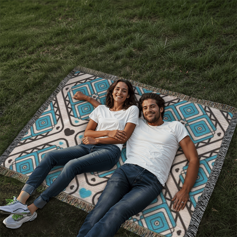Turquoise Heart Pattern Heirloom Woven Blanket - Custom Designer Blanket