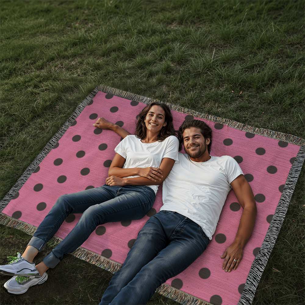 Custom Designer Pink & Black Polka Dot Heirloom Artwork Woven Blanket
