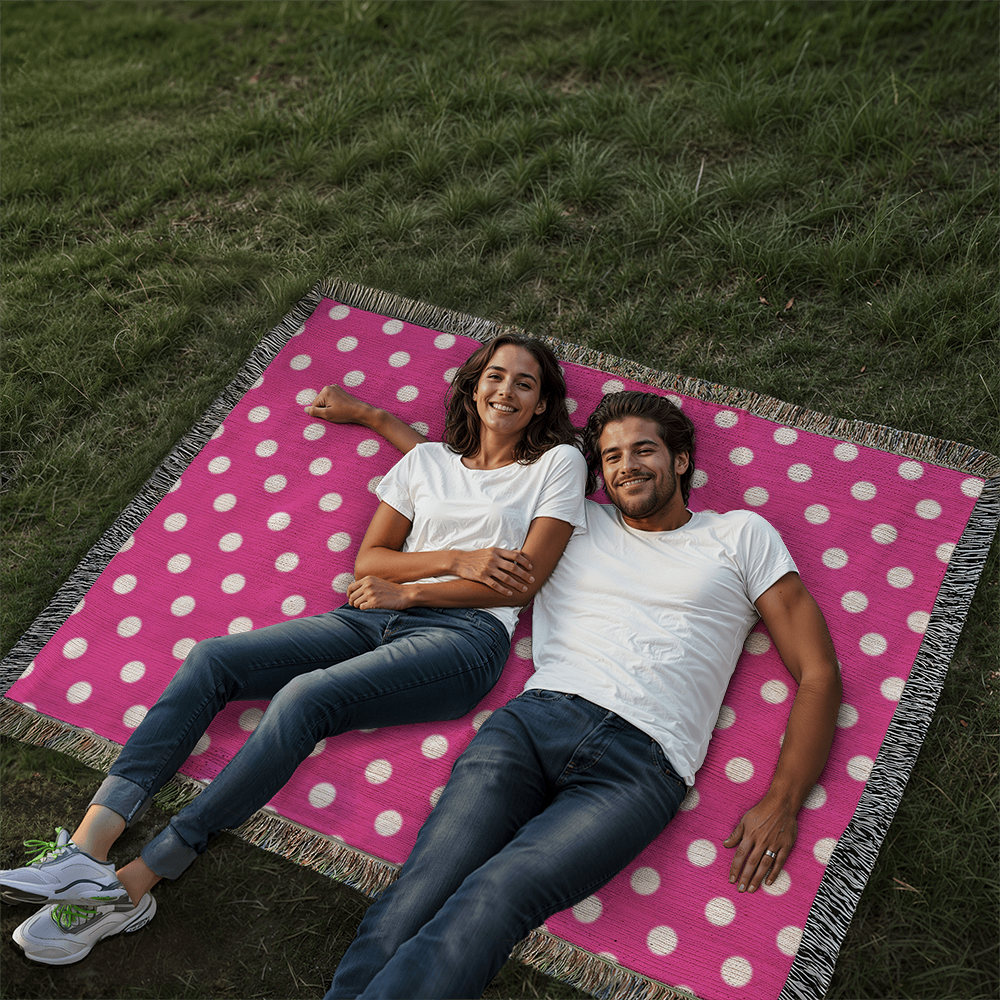 HOT ITEM- CUSTOM DESIGNER WHITE & PINK POLKA DOT LADY BUG HEIRLOOM ARTWORK WOVEN BLANKET