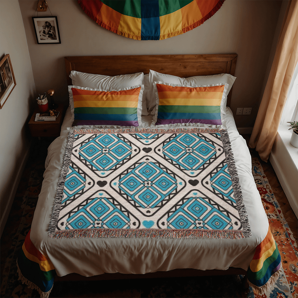 Turquoise Heart Pattern Heirloom Woven Blanket - Custom Designer Blanket