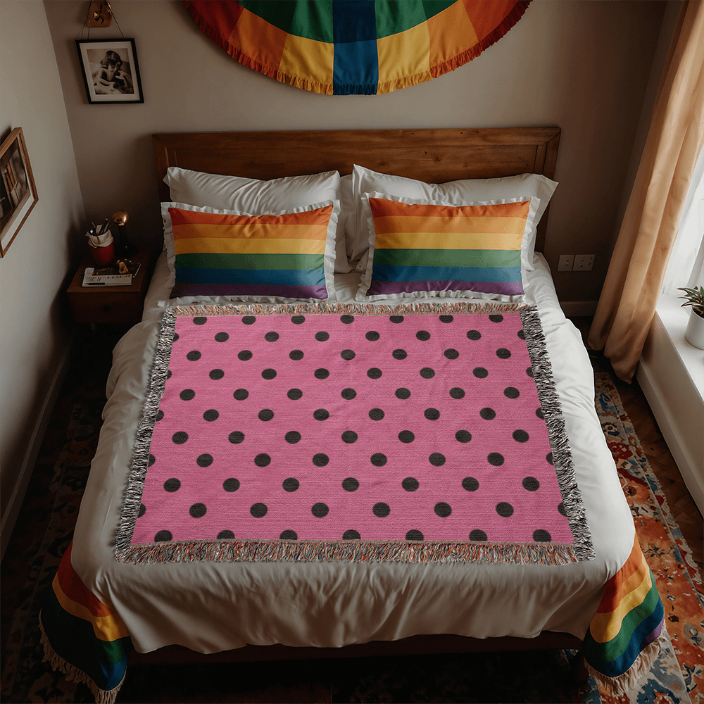 Custom Designer Pink & Black Polka Dot Heirloom Artwork Woven Blanket