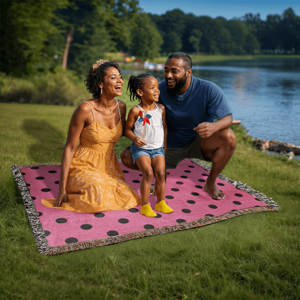 Custom Designer Pink & Black Polka Dot Heirloom Artwork Woven Blanket