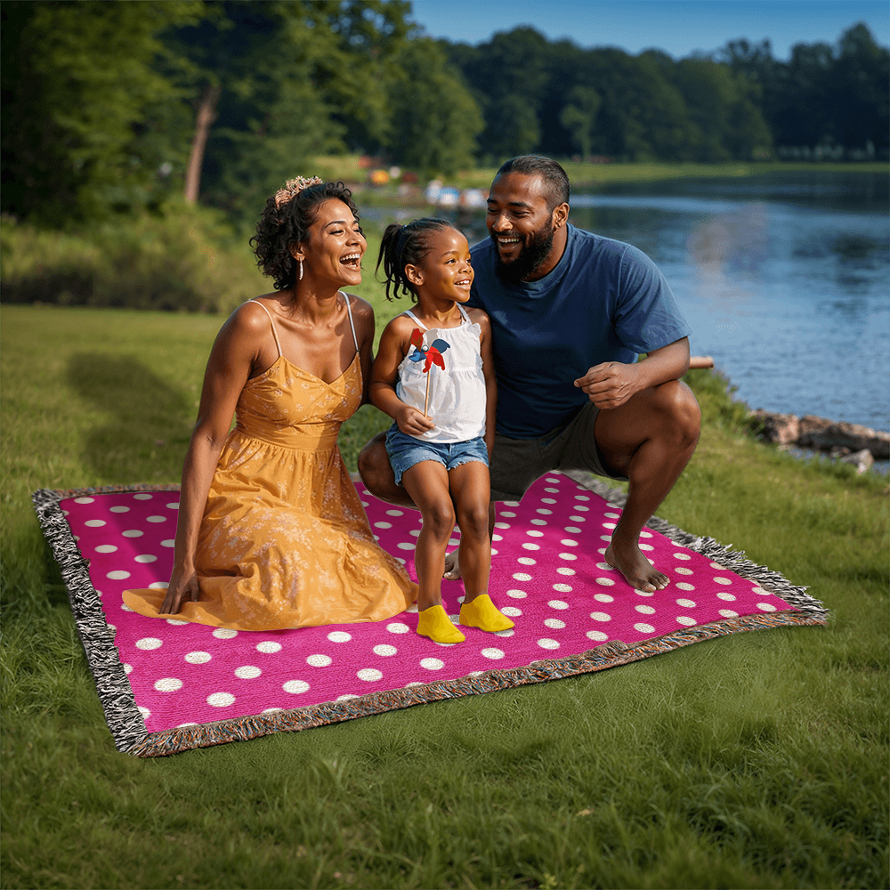 HOT ITEM- CUSTOM DESIGNER WHITE & PINK POLKA DOT LADY BUG HEIRLOOM ARTWORK WOVEN BLANKET