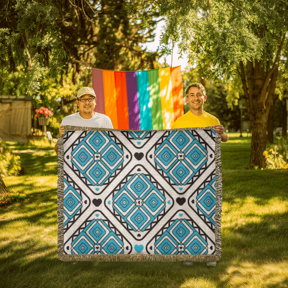 Turquoise Heart Pattern Heirloom Woven Blanket - Custom Designer Blanket