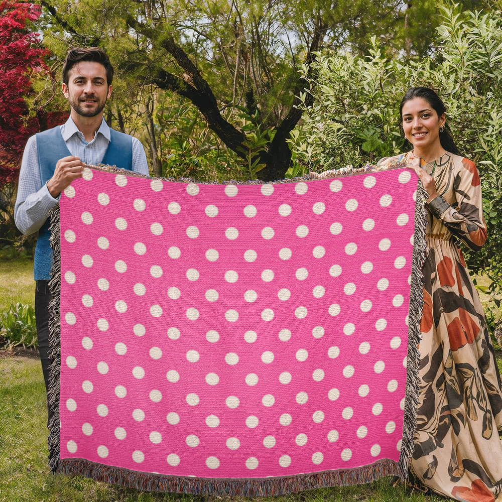HOT ITEM- CUSTOM DESIGNER WHITE & PINK POLKA DOT LADY BUG HEIRLOOM ARTWORK WOVEN BLANKET