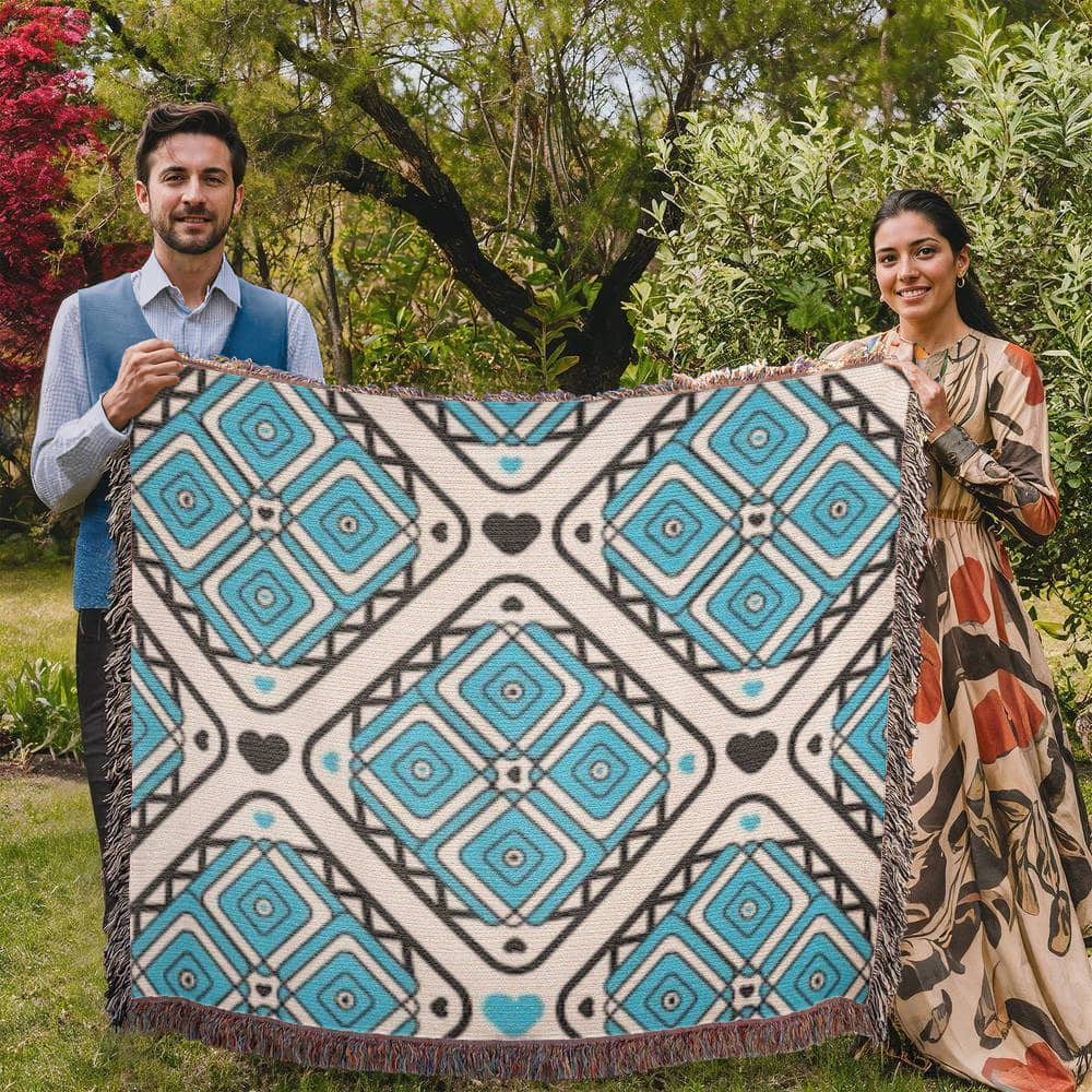 Turquoise Heart Pattern Heirloom Woven Blanket - Custom Designer Blanket
