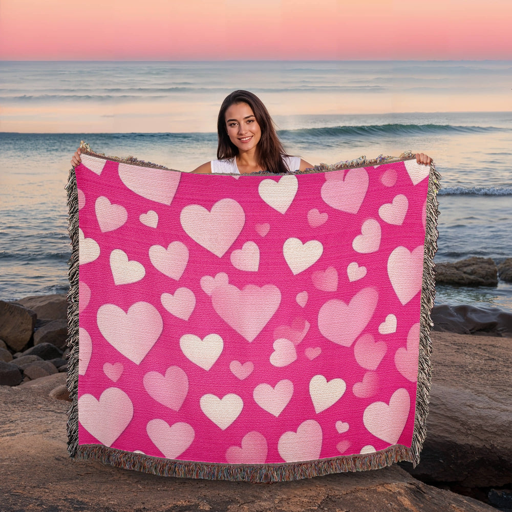 Custom Designer Pink Heart Heirloom Artwork Woven Blanket