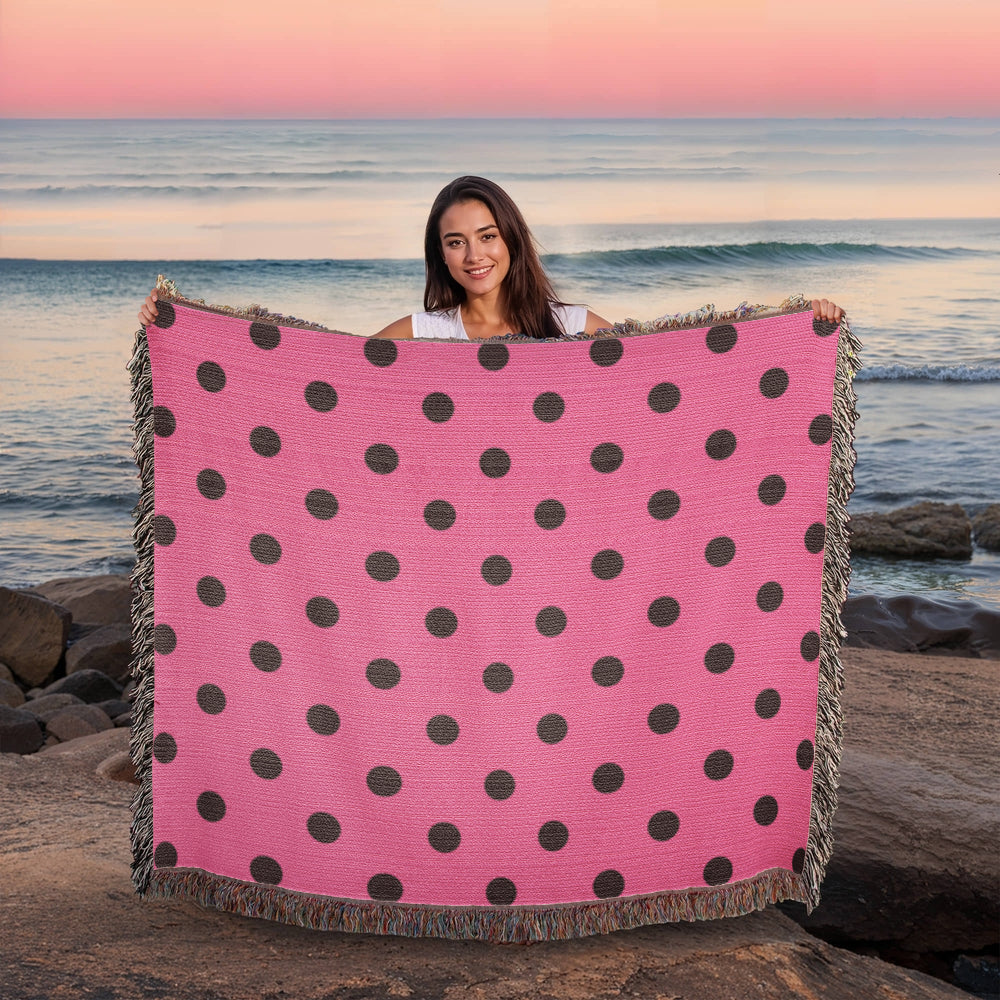 Custom Designer Pink & Black Polka Dot Heirloom Artwork Woven Blanket