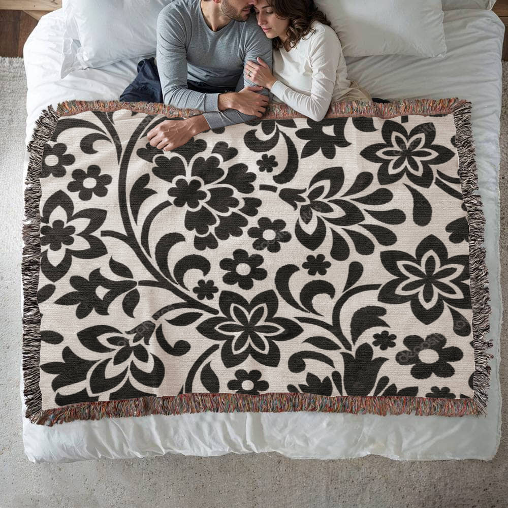 Custom Black Designer Floral Pattern Heirloom Artwork Woven Blanket