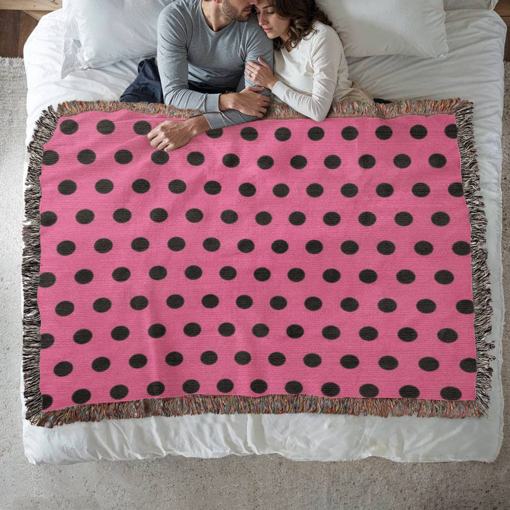 TRENDING -CUSTOM DESIGNER LADY BUG BLACK POLKA DOT PINK HEIRLOOM ARTWORK WOVEN BLANKET