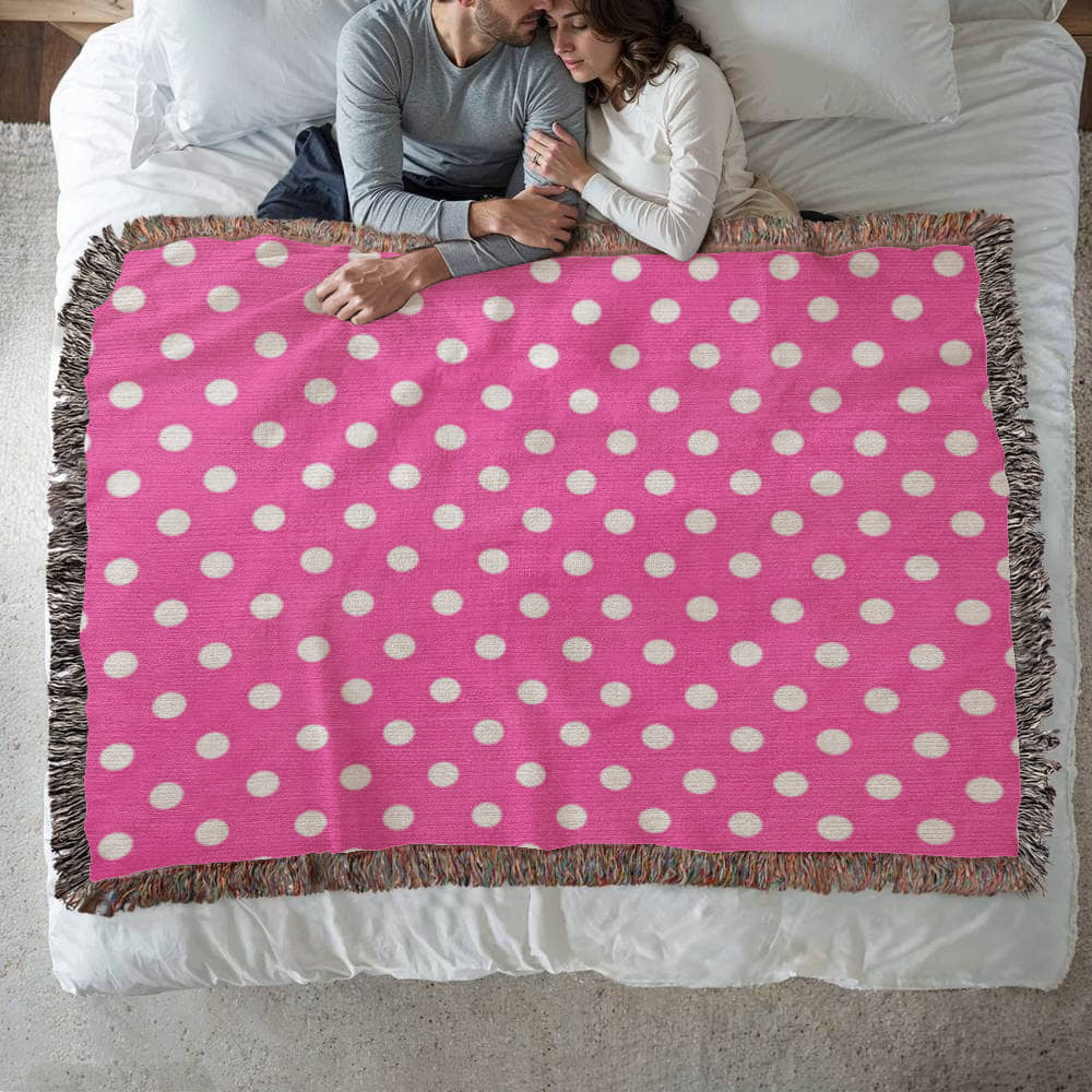 HOT ITEM- CUSTOM DESIGNER WHITE & PINK POLKA DOT LADY BUG HEIRLOOM ARTWORK WOVEN BLANKET