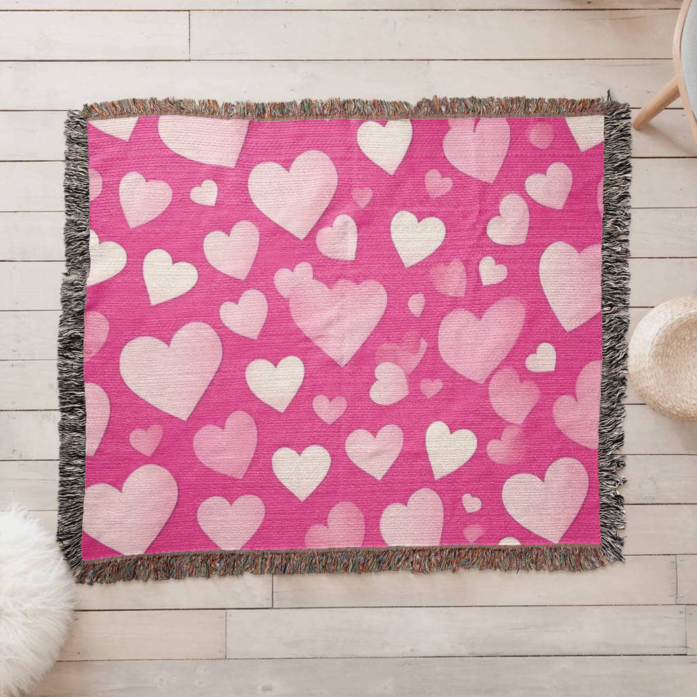 Custom Designer Pink Heart Heirloom Artwork Woven Blanket