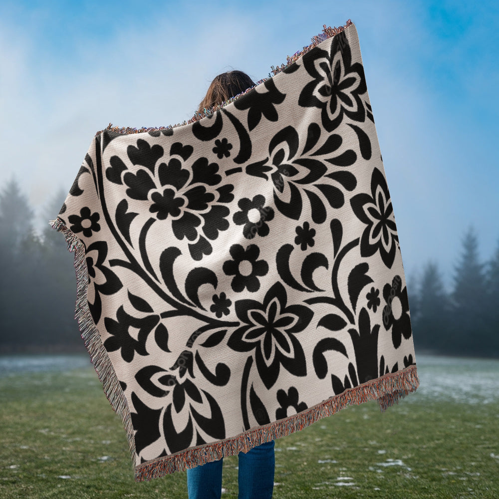 Custom Black Designer Floral Pattern Heirloom Artwork Woven Blanket