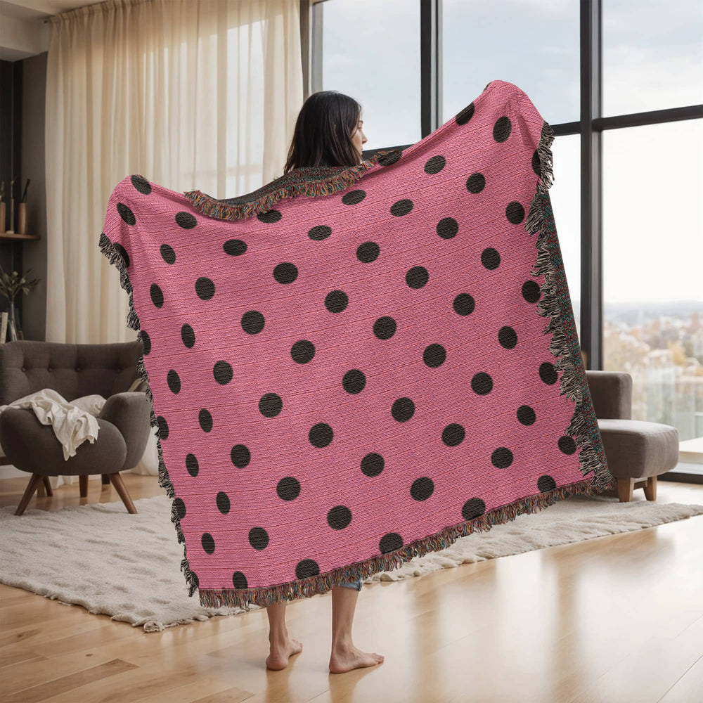 Custom Designer Pink & Black Polka Dot Heirloom Artwork Woven Blanket