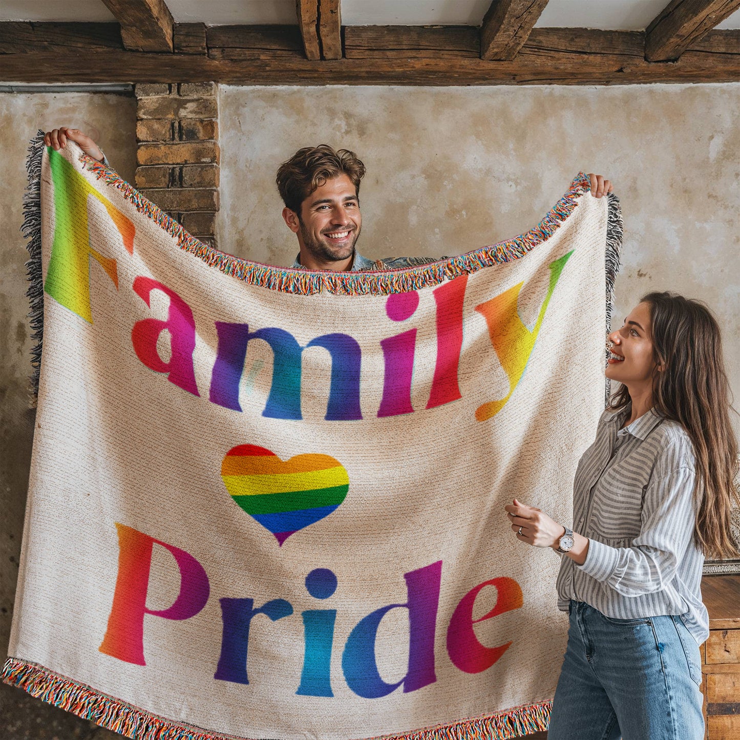 POPULAR DESIGN- Custom Designer Family Pride Rainbow Heart Heirloom Artwork Woven Blanket