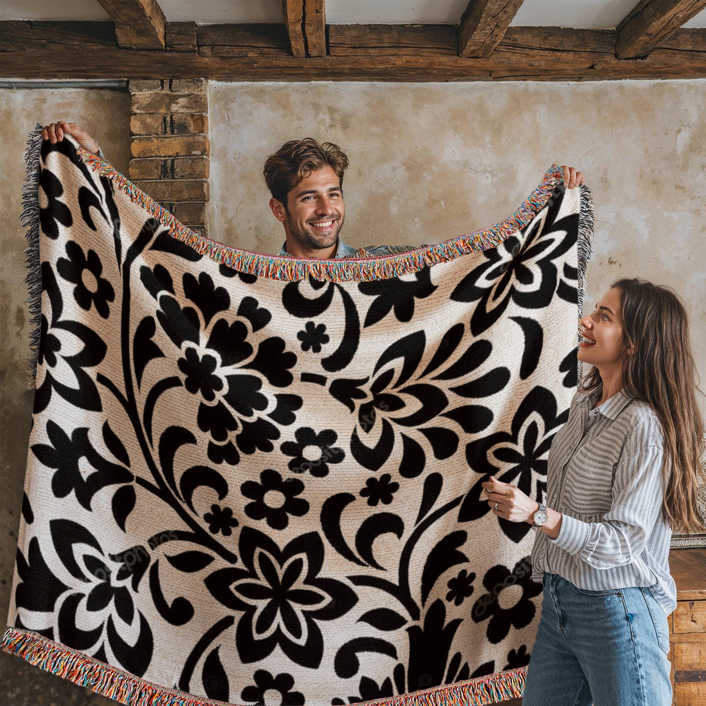 Custom Black Designer Floral Pattern Heirloom Artwork Woven Blanket