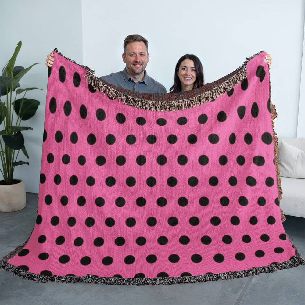 TRENDING -CUSTOM DESIGNER LADY BUG BLACK POLKA DOT PINK HEIRLOOM ARTWORK WOVEN BLANKET