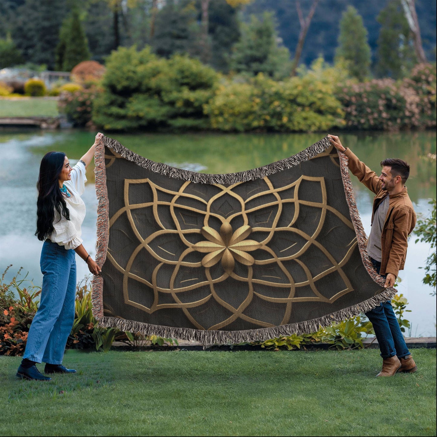 Custom Designer Flower Inlay Pattern Heirloom Artwork Woven Blanket