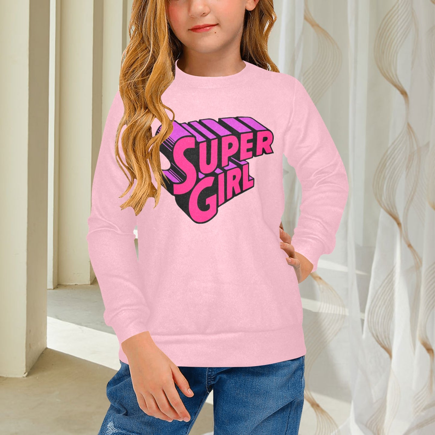 SUPER GIRL PRINT DESIGN YOUNG GIRL'S SWEATERS- Girls Super Girl Print Crew Neck Sweater