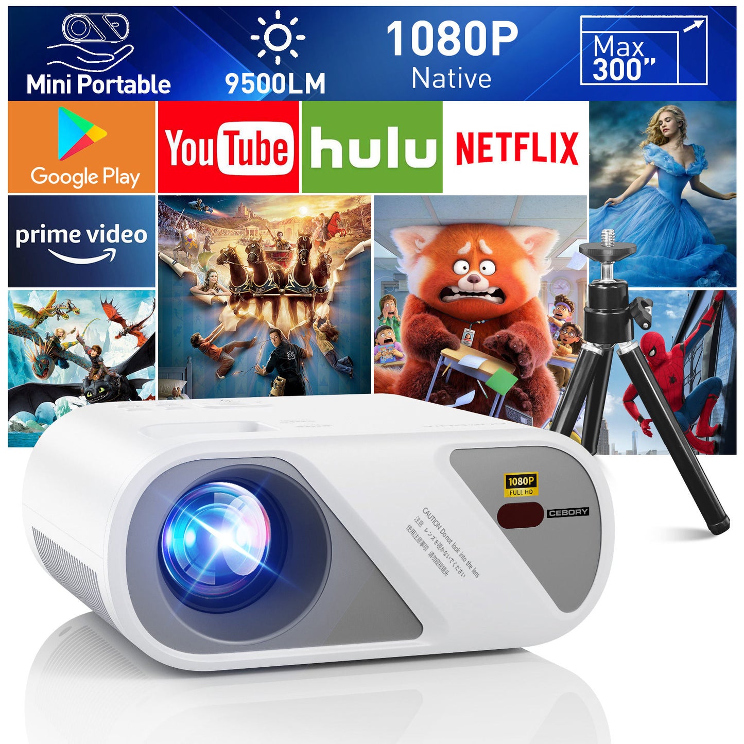 AWESOME PROJECTOR -Projector, Full HD 1080P Video Projector With Tripod, Portable Mini Outdoor Movie Projector For iPhone, Home Theater Projector Compatible With HDMI/USB/AV/Smartphone/TV Stick/Laptop