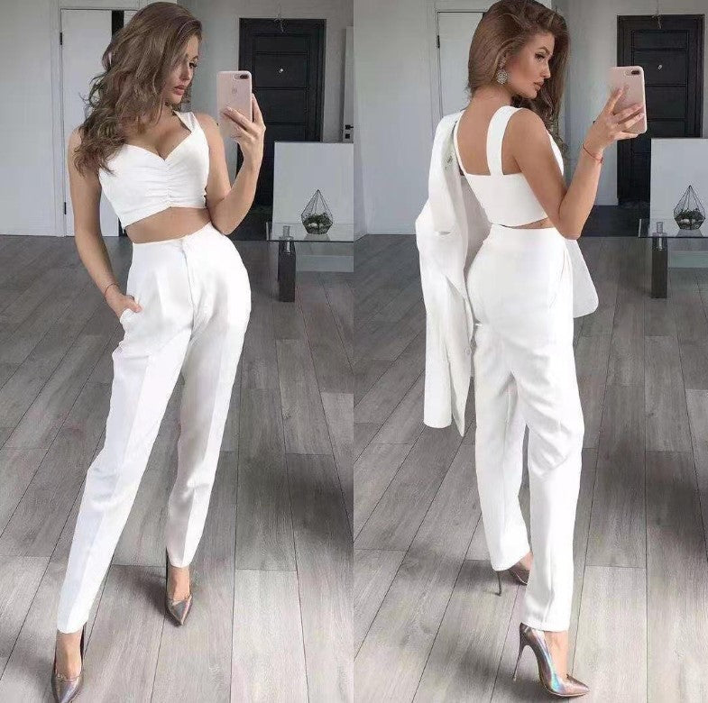 New solid color medium length loose suit trousers all vest three-piece set