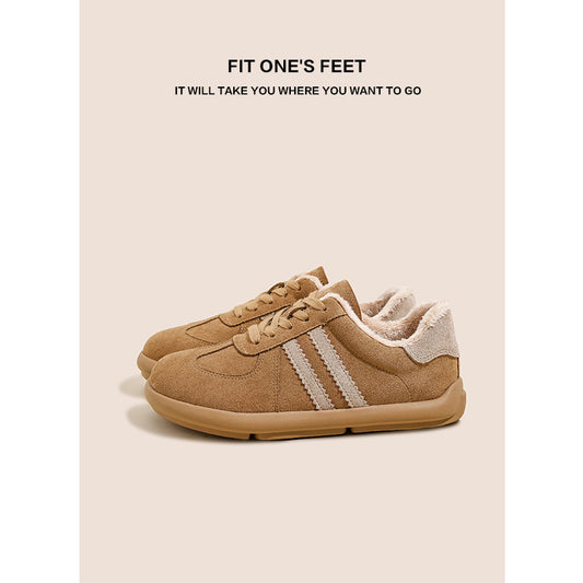 Real soft leather German training shoes women's new autumn retro flat casual shoes plus velvet all white shoes sports women's shoes