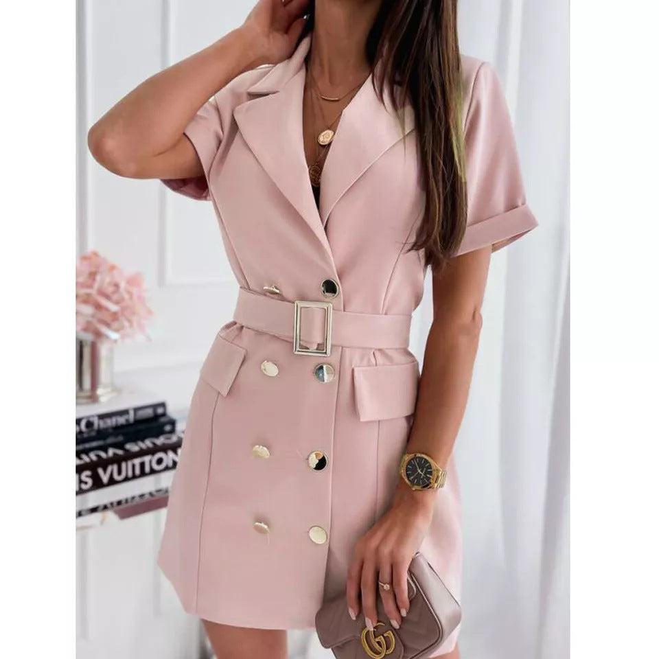 New waist double ed short-sleeved suit collar dress woman