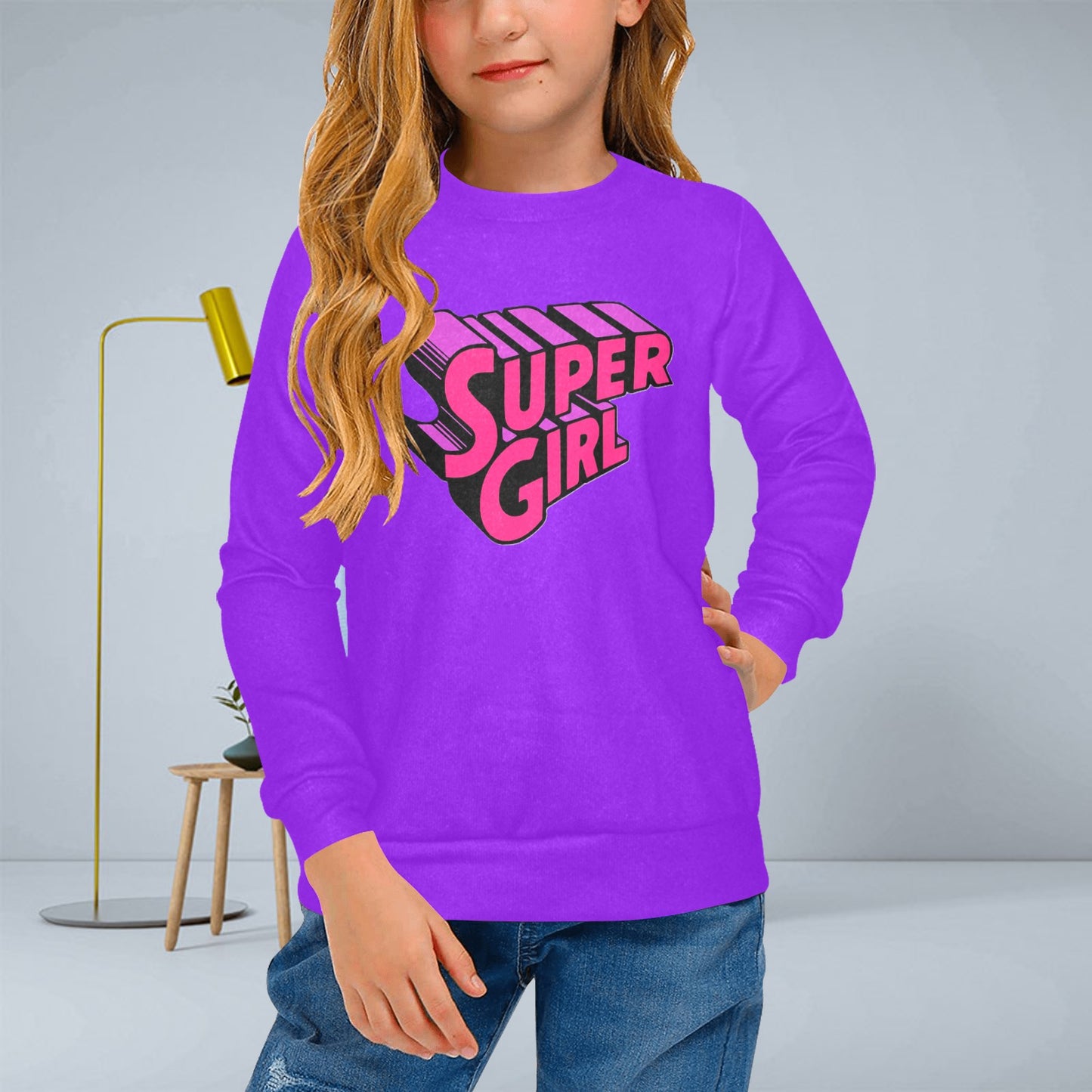 SUPER GIRL PRINT DESIGN YOUNG GIRL'S SWEATERS- Girls Super Girl Print Crew Neck Sweater
