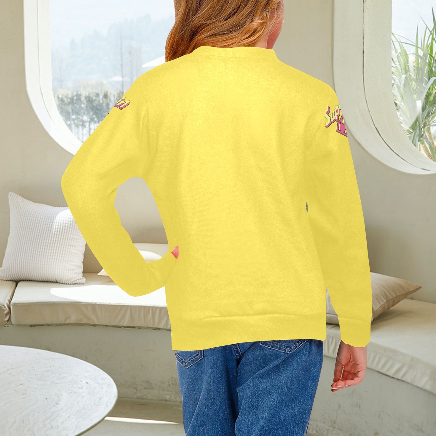SUPER GIRL PRINT DESIGN YOUNG GIRL'S SWEATERS- Girls Super Girl Print Crew Neck Sweater