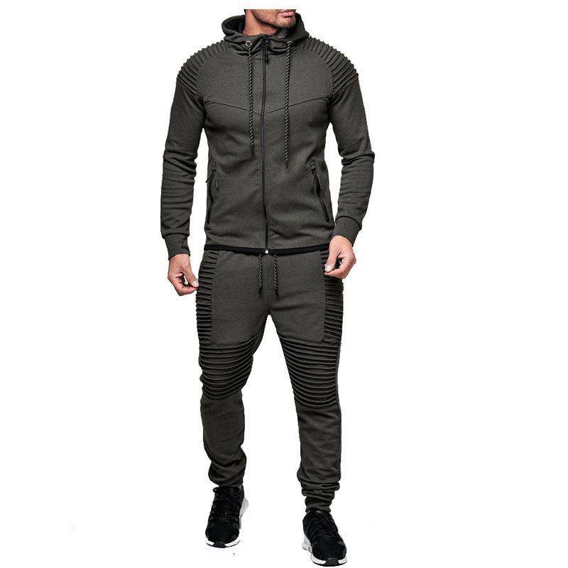 Stylish & Sporty Jogging Suit Men's Leisure sports long sleeve suit pure color Cardigan Hoodie Pants two pieces -Track Suit