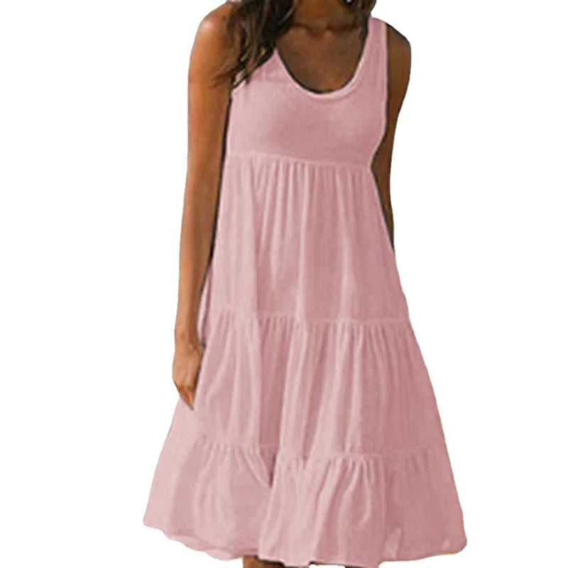 Women Casual Solid Mini Dress Summer Elegant Sleeveless Ruffles Loose Short Dress Beach Party Sundress Oversize Streetwear