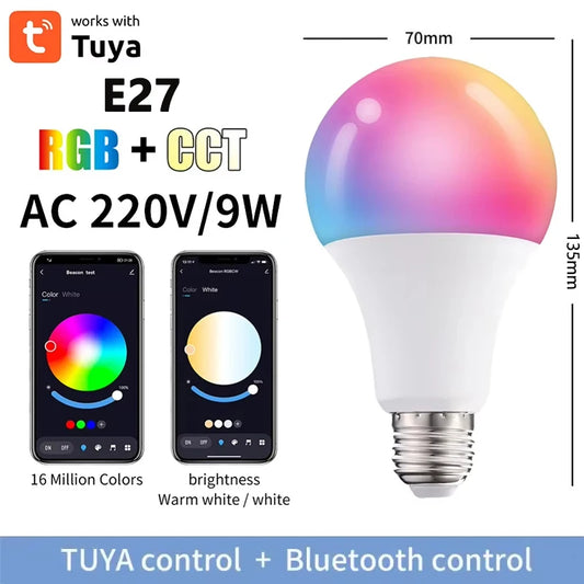 Bluetooth Smart LED Bulb E27 9W 220V RGB+CW+WW Tuya/Smart life APP Control LED Lamp with Timer for Bedroom Party Ambient Light