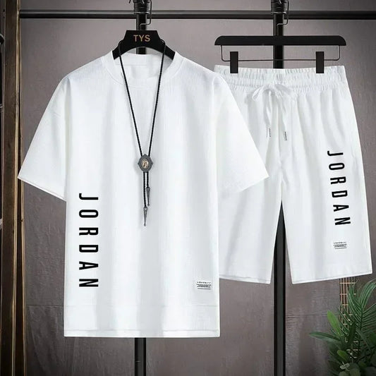 2025 Elegant casual T-shirt and shorts set for men's sports suit loose and comfortable summer waffle set for men