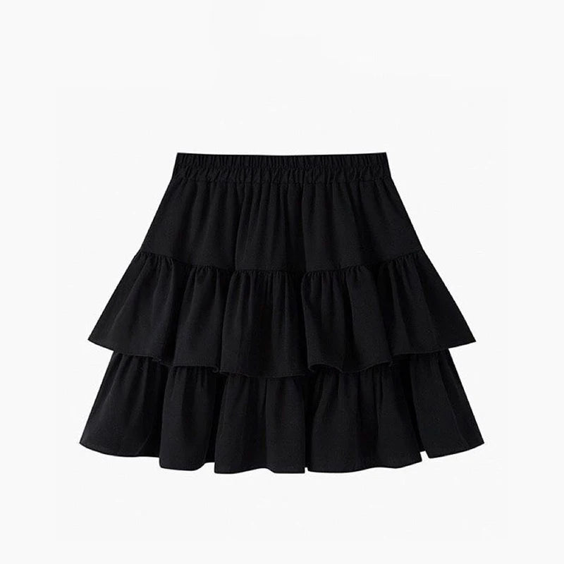 Pleated A-Line Skirt Women White Ruffle Sweet Tiered Pretty Style Skirt Elastic Waist Summer Slim Basic Korean Harajuku Dress