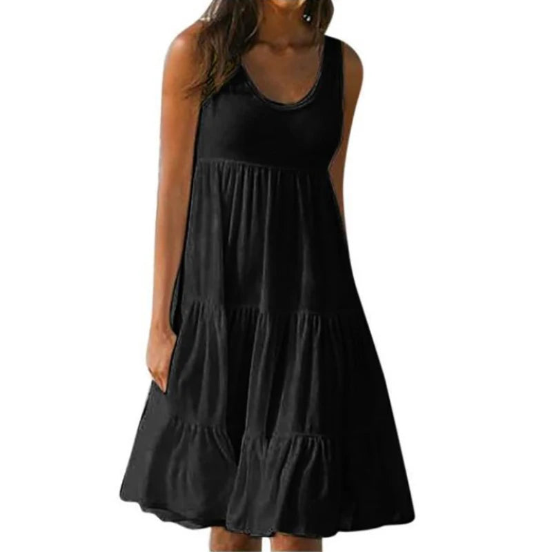 Women Casual Solid Mini Dress Summer Elegant Sleeveless Ruffles Loose Short Dress Beach Party Sundress Oversize Streetwear