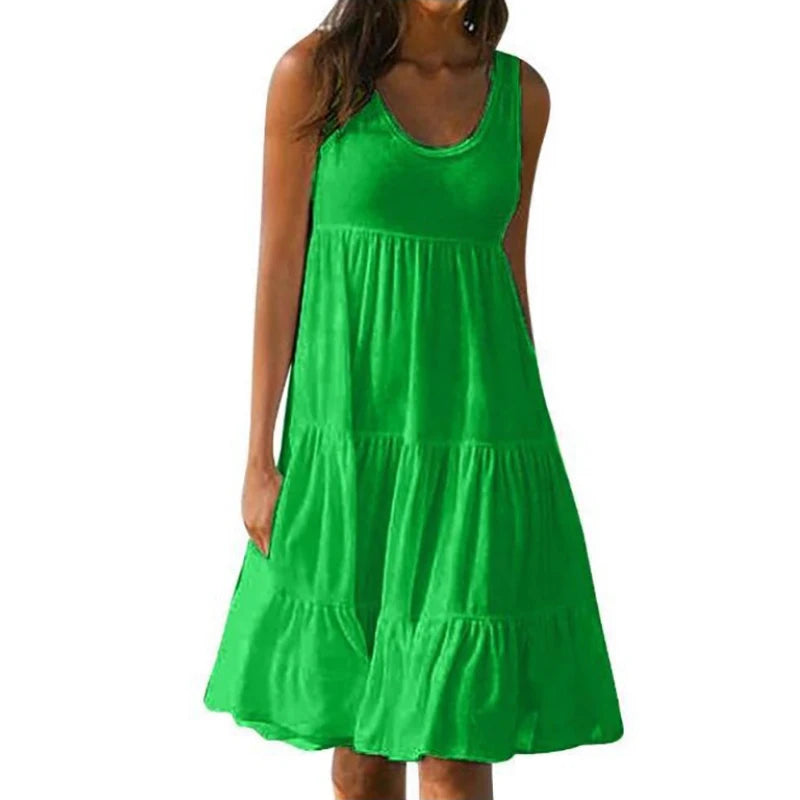 Women Casual Solid Mini Dress Summer Elegant Sleeveless Ruffles Loose Short Dress Beach Party Sundress Oversize Streetwear