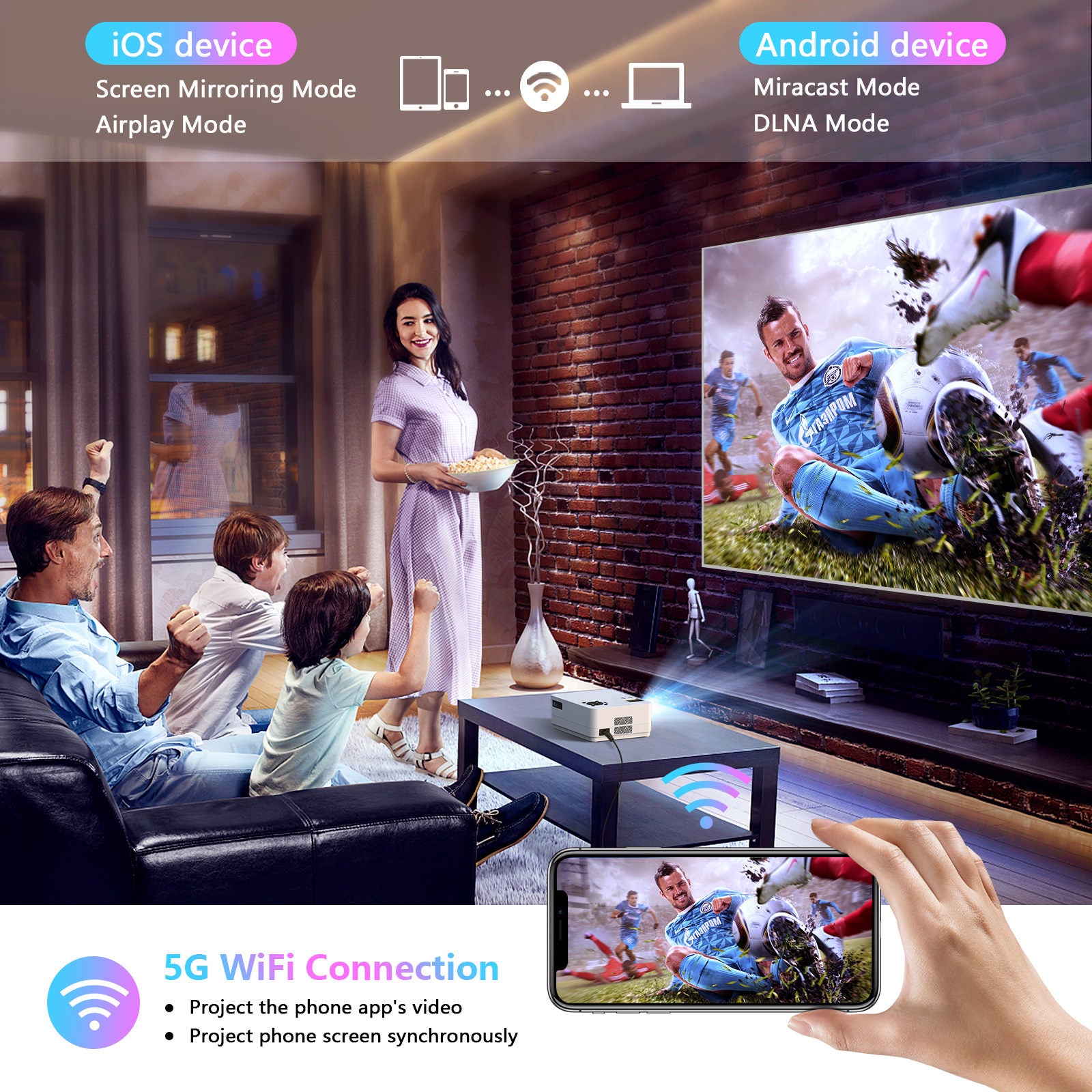ULTIMATE MOVIE PROJECTOR- 1080P 5G WiFi Bluetooth Projector, 15000LM Full HD Movie Projector, 300, Display for Outdoor Movies Support 4k Home Theater, Compatible with iOS/Android/PC/XBox/PS4/TV